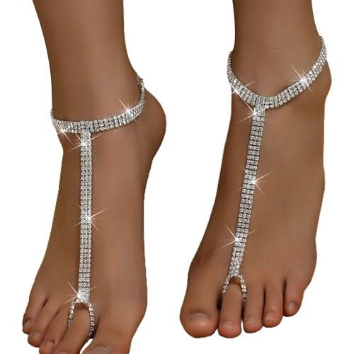1Pair Multi-layered Rhinestone Foot Chain with Toe Jewelry for Women Wedding Bridal Crystal Barefoot Sandals Bikini Rhinestone Anklet Bracelet Foot Accessories Jewelry - style: Silver