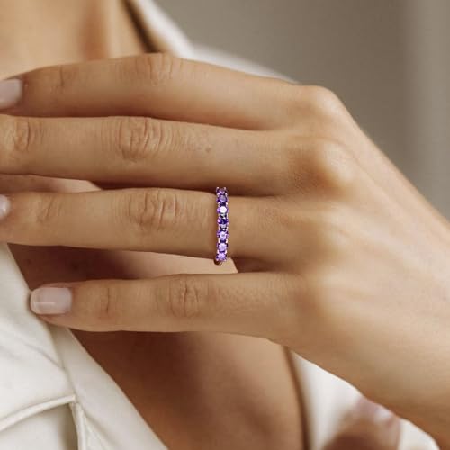 3.5mm Stackable Rings S925 Sterling Silver Created Birthstone & Cubic Zirconia Ring for Women Wedding Bands Anniversary Birthday Jewelry Size 6 to 10(with Box) - color: 02-Created Amethyst-Feb