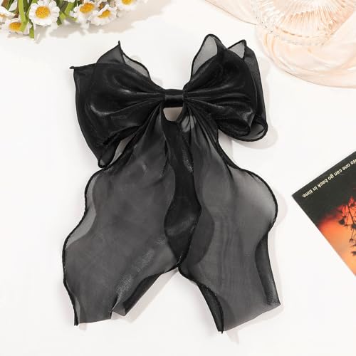 Large Hair Bow Clips for Women,Black Pink Bow Hair Barrettes with Long Tail French Hair Ribbon Clips Hair Accessories for Girls (Black,Light Pink) - color: Black,Light Pink
