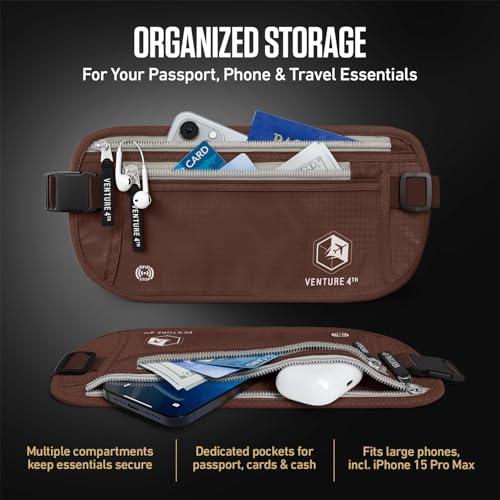 VENTURE 4TH Money Belt for Travel – Slim Hidden Under-Clothes RFID Blocking Anti-Theft Passport Holder & Travel Wallet Pouch for Men & Women to Protect Cash, Cards & Documents (Brown) - color: Brown