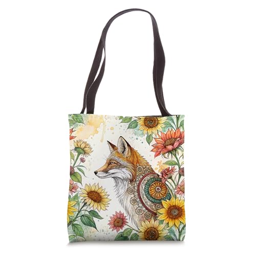 Boho Fox Mandala Floral Watercolor Aesthetic Tote Bag