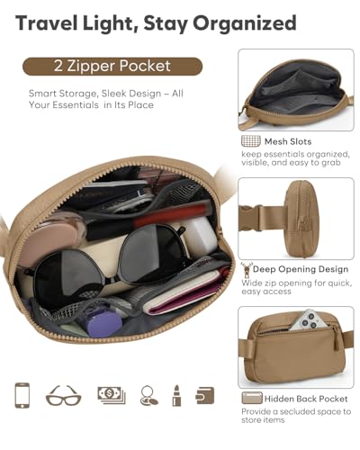 Pritent Fanny Packs for Women Cross Body Bag Waterproof Belt Bag with Adjustable Strap and Zipper Back Pocket Small Crossbody Bags Fashion Waist Packs for Workout Travelling(Khaki, Large) - color: Khaki, size: Large