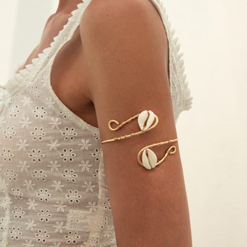 Golden Metal Starfish Seashell Upper Arm Bracelet Flower Charm Bohemia Bracelets for Women Beach Wedding Adjustable Open Cuff Bangle Coil Swirl Armband Party Jewelry - color: Style 01