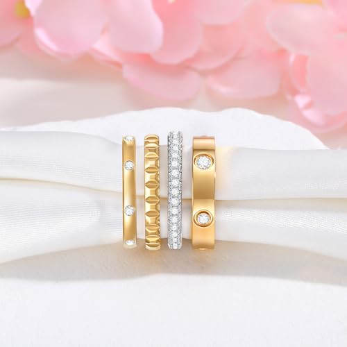 Stackable Gold Rings for Women - 18K Gold Plated Rings Set, Non Tarnish Stainless Steel Cubic Zirconia Friendship Band Stack Rings Trendy Jewelry, Christmas Birthday Party Gifts for Her Girlfriend - color: Gold