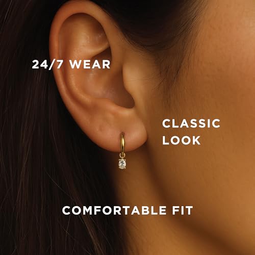 SWEET PEEPS 18K Gold Plated Huggie Hoop Earrings for Women, Dangling CZ Charm, 9mm Huggie Hoops for Everyday Wear (Gold, 9mm)