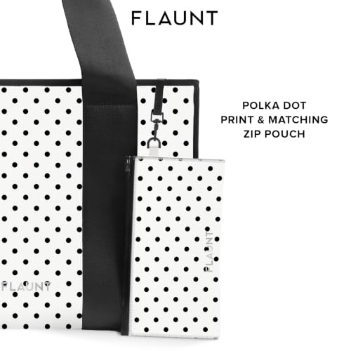 FLAUNT Everyday Tote Bag with Phone Pouch for Women - Lightweight, Airline Approved, Easy To Carry, Foldable & Washable - color: White Polka Dot