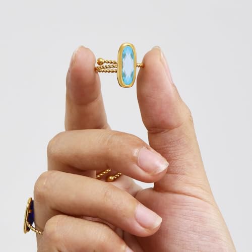 18K Gold Plated Adjustable Twisted Rings for Women Non Tarnish Oval Czech Glass Stone Stainless Steel Statement Rings Open Gemstone Boho Stackable Band Jewelry - color: Light Blue