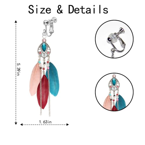 Clip on Tassel Dangle Earrings for Boho Women, Non Pierced, Colorful Feather Handmade Beads Fashion Vintage Fringe Jewelry for Parties Weddings Festivals Trendy Statement Earrings for Bohemian - color: Color A