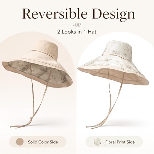 Wide Brim Sun Hat for Women Reversible Beach Hats Metal Wired Edge Gardening Hats, UPF 50+ Bucket Summer Hat - color: Beige Floral