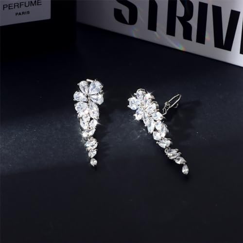Awinesn Clip on Earrings for Women 925 Sterling Silver Plated Cubic Zirconia Long Tassel Dangle Drop Earrings Non Pierced Earrings for Women Jewelry Gifts Wedding Party - color: leaves 2