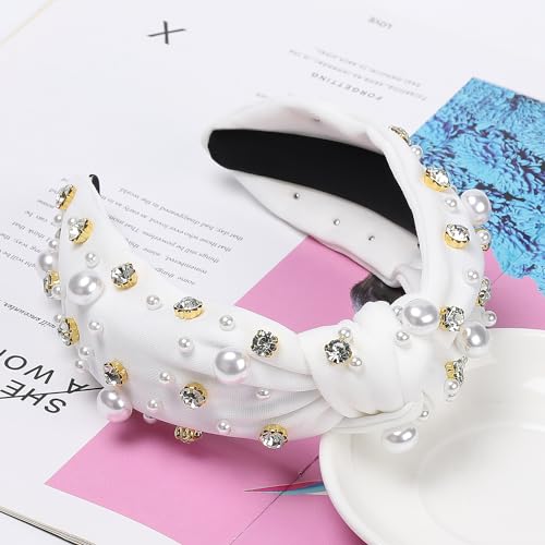WantGor Pearl Knotted Headband, Women Rhinestone Embellished Hairband Elegant Wide Top Knot Bride Headbands Headpieces Party Fashion Elegant Ladies Hair Band Hair Hoop Accessories (White) - color: White