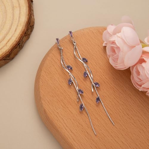 Temperament Long Zircon Tassel Earrings for Women Charm Jewelry Sparkling Crystal Leaves Twist Dangle Earrings for Friends - color: Silver-Purple Leaves