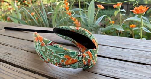 Headbands for Women Year-round Watercolor Print Floral Pattern Green Orange, Colorful Flower Satin Womens Head bands, Silk Feel, Soft Fabric, Knotted Headband Fashion Designer Top Knot Girl - color: Green/Orange Watercolor Flower