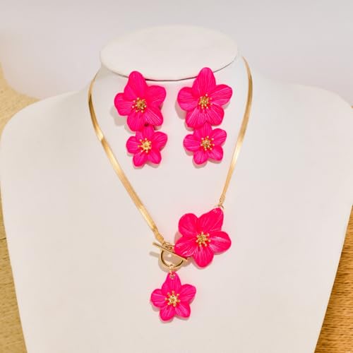 WCRAZYE Gold Flower Earrings Necklace Set for Women Boho Summer Daisy Floral Statement Earrings Brides Wedding Guest Dresses Jewelry - color: Rose Red