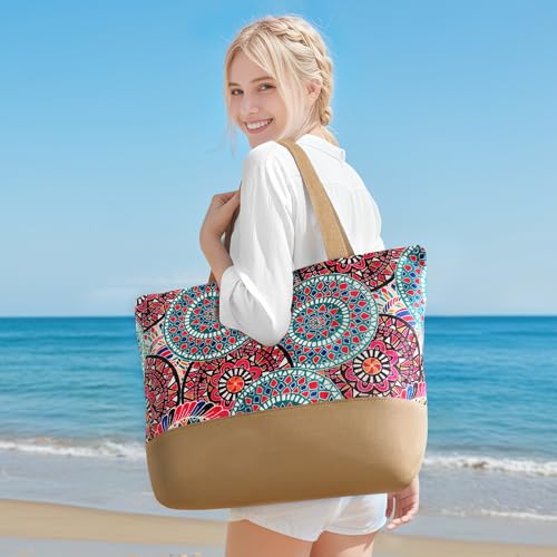 Trifabricy Beach Bag for Women, Large Beach Tote Bags with Zipper, Woven Straw Tote Waterproof, Swim Gym Shopping Travel Bag - color: Bohemia