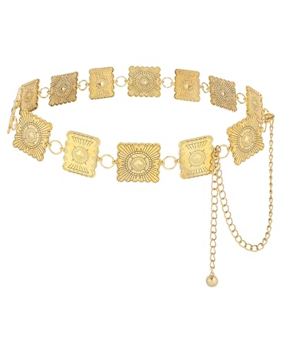 AWAYTR Chain Belt for Women – Adjustable Boho Metal Waist Chain Belt Gold Sliver for Dresses Jeans Country Concert Outfit - color: Gold-large Square