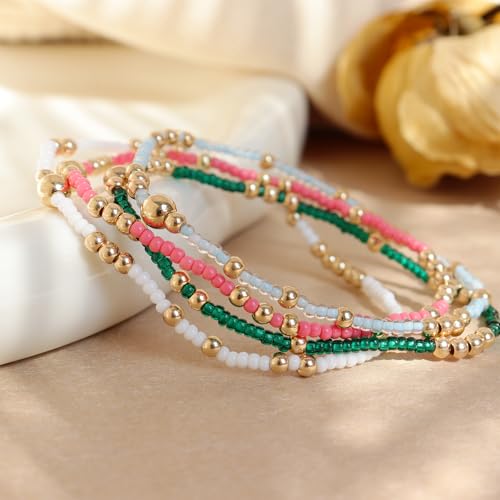 Gold Beaded Stackable Friendship Bracelets Set for Women, Handmade Boho Stretch Summer Jewelry Gift. - color: gold green pink white sky blue