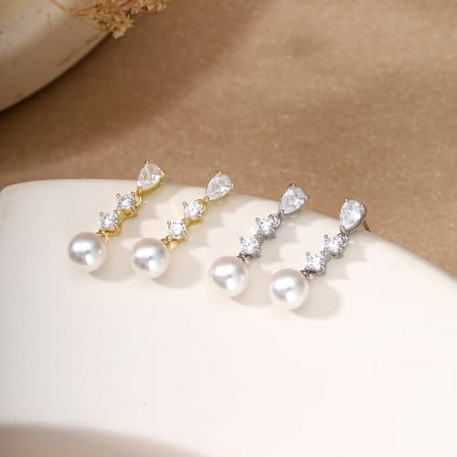 Pearl Earrings for Women Dainty Diamond Pearl Drop Earrings 14k Gold Plated Dangle Earrings for Women Weddings Gifts Bridesmaid Gifts - color: C-gold pearl earrings