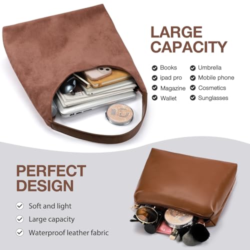 2-Piece Vegan Leather Purse Set for Women: Slouchy Hobo Shoulder Bag & Suede Tote Bag - color: Brown2