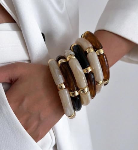 iF YOU 6pcs Chunky Acrylic Bangle Bracelets for Women, Resin Bamboo Brown Stretchy Bracelet Stack, Fashion Jewelry for Women - color: 6pcs-beige & brown bracelets