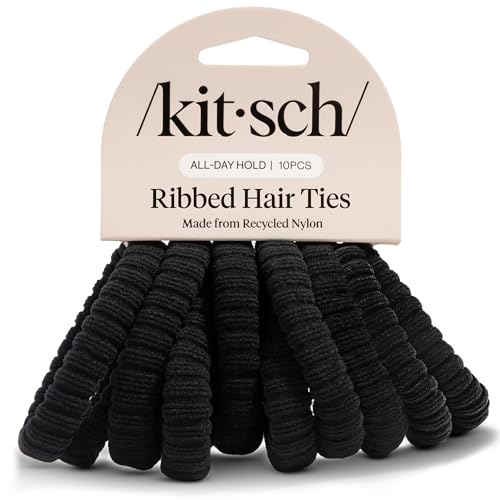 Kitsch Ribbed Hair Ties No Damage - Strong, Stretchy & Snag-Free Hair Bands | Soft Fabric Ponytail Holders, Stylish Elastics for Everyday Hairstyles | Ideal Gifts for Women - Black, 10pcs - color: Black Ribbed (Pack of 10)
