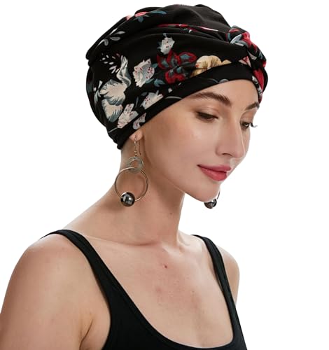 ZLYC Chemo Headwear for Women Pre Tied Turban Headwear Lightweight Beanie Hat - color: Flower Black