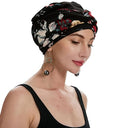 ZLYC Chemo Headwear for Women Pre Tied Turban Headwear Lightweight Beanie Hat - color: Flower Black