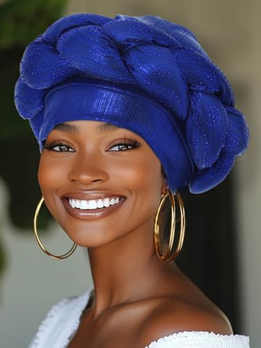 Woeoe African Headwrap Gold Braided Turbans for Women - color: Blue