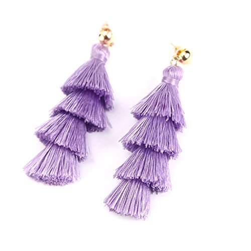 BaubleStar Tassel Earrings Handmade Tiered Thread Tassel Dangle Earrings, Multi Colors - color: Lavender