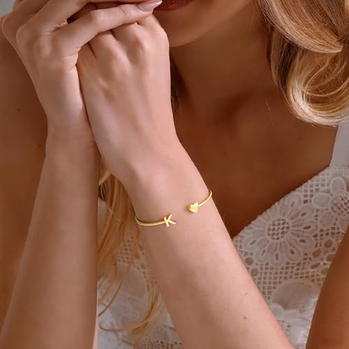 Turandoss Teen Girl Gifts Trendy Stuff - Dainty 14K Gold Plated Letter A-Z Initial Heart Cuff Bangle Bracelets, Gifts for Women Her Mom Daughter Sister Friend Teens Birthday Jewelry Gifts - color: A.