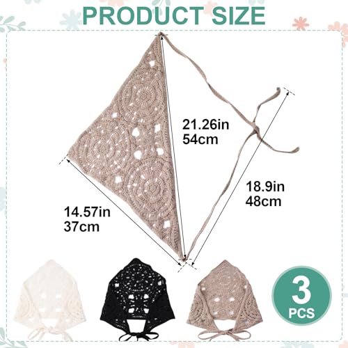 3 Pcs Crochet Bandana, Cute Bandanas for Women, Flowers Crochet Head Scarf, Vintage Head Scarf for Women's hair Styling Decor (Black, Beige, Brown) - color: Black, Beige, Brown-style1