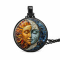 1pc Stunning Round Pendant Necklace - Unique Sun & Moon Pattern, Oil Painting Style Glass Mosaic, Alloy Construction, Trendy Sweater Chain, Fashionable Gift for Women - Christmas or Birthday Gift - color: Black Chain