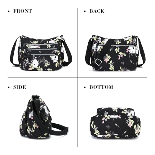 AOCINA Crossbody Bags for Women Multi Pocket Nylon Lightweight Ladies Purses Messenger Shoulder Handbags Satchel Travel Bag - color: Black Flowers, size: Small