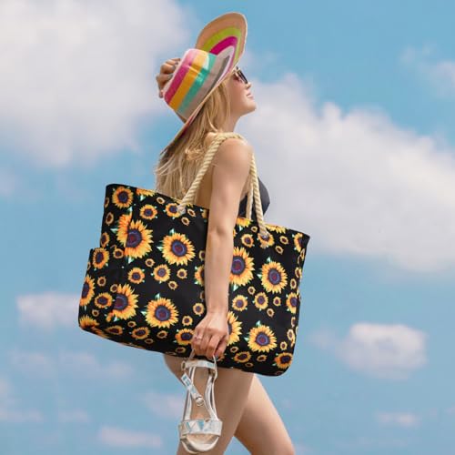 Becokan Beach Bag Large Beach Tote Bag for Women Waterproof Sandproof Swim Pool Bag With Zipper - color: Sunflower