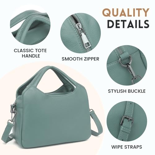 KOGTLA Medium Genuine Leather Purses for Women with Detachable Satchel Strap, Ladies Soft Handbags, Tote Hobo Bags - color: Light Green