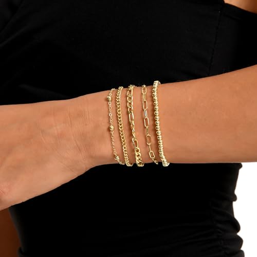 Dainty Gold Bracelets for Women, 14K Gold Plated Stackable Bracelet Set, Adjustable Beaded Cuban Paperclip Herringbone Figaro Snake Rope Chain Jewelry - style: Set5 Gold 5Pcs