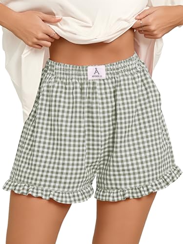 ANRABESS Boxer Shorts for Women,Gingham Plaid Elastic Waist Ruffle,Perfect for Lounge,Pajama&Sleep,Cute Casual Summer Bottoms - color: Army Green White Plaid, size: X-Large