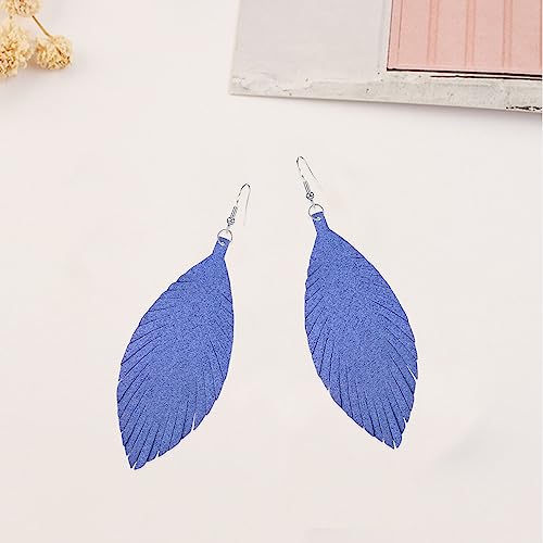 Large Genuine Soft leaf Leather Handmade Fringe Tassel Feather Lightweight Tear Drop Dangle Color Earrings for Women - color: Blue