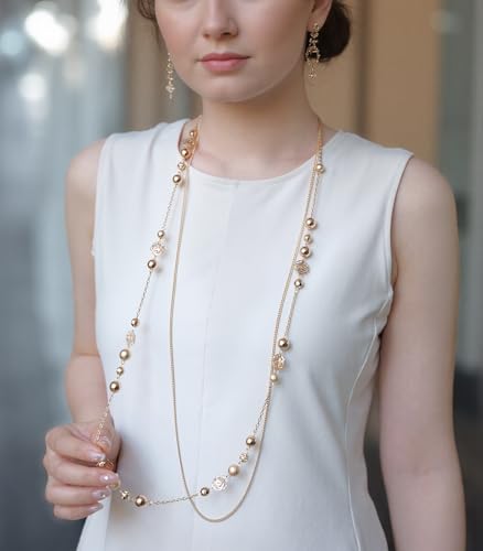 FULU AUTUMN Boho Gold Long Necklaces for Women Natural Stone Beaded Layered Long Necklace Mothers Day Gifts Dainty Flower Costume Jewelry for Women - color: Gold
