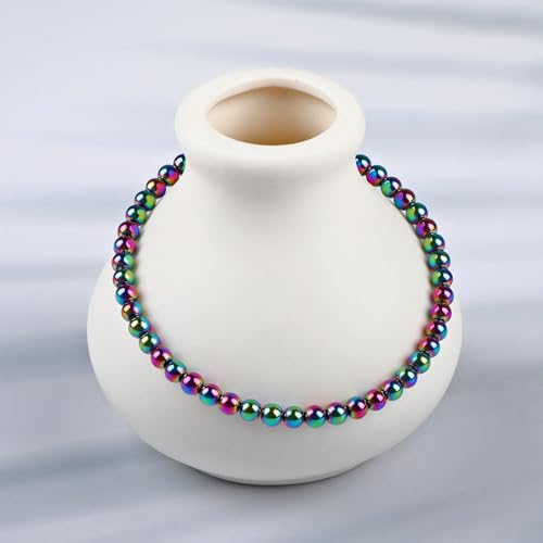LPBeads Handmade Natural Gemstone Stretch Elastic Bracelet Healing Crystal Round Stone Beads Jewelry Gifts for Women Men - color: Rainbow Coated Hematite, size: 4mm