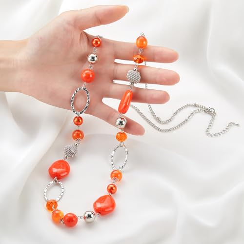 BULINLIN Beaded Long Necklace for Women Silver Sweater Chain Necklace with Crystal Resin Beads, Fashion Jewelry Necklace - color: Orange