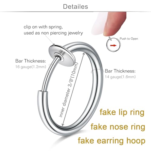 MODRSA Fake Nose Stud Fake Nose Ring Stud Fake Nose Piercing Fake Lip Ring Fake Earrings Stud Silver Gold Fake Cartilage Helix Earring Clip on Earring Hoop Fake Eyebrow Ring Fake Bridge Piercing - color: C3-hoops- silver black gold