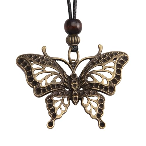 PU Leather Necklace Vintage Boho Style Multilayer Pendant Long Sweater Necklace Jewelry for Women Men with Adjustable Leather Cord - color: Antique Gold Butterfly Necklace