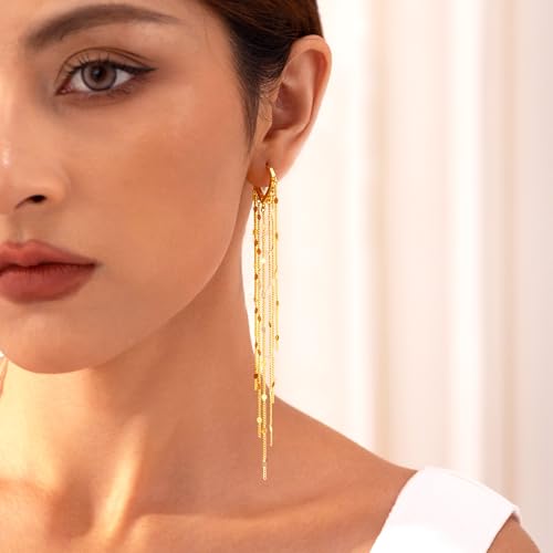 Robaice Gold Long Prom Earrings for Women, 14K Gold Plated Pearl Dangle Drop and Chain Tassel Threader Earrings Dangling，Rhinestone Zirconia Hypoallergenic Bride Party Prom Gold jewelry，Women Gifts - style: B-dangle tassel chains, gold