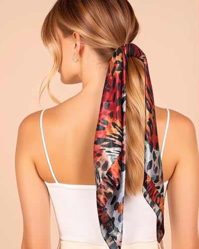 AWAYTR 35” Square Satin Head Scarf Hair Scarf for Women's Hair Silk Bandana for Women Silk Head Wrap for Sleeping - color: Leopard (Reddish Brown)