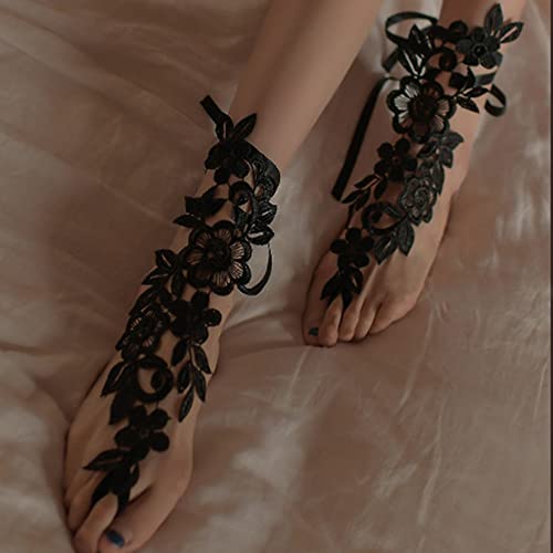 Asphire Sexy Lace Embroidery Anklet with Toe Ring 2pcs Floral Bridal Barefoot Sandals Vintage Wedding Foot Ankle Slave Bracelet Prom Festival Foot Jewelry for Women (Black)