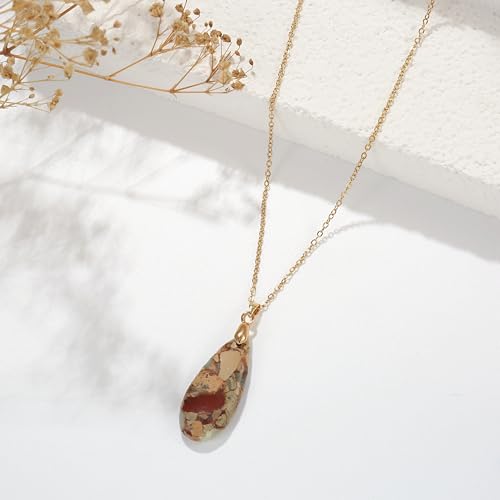 Joya Love 14K Gold Plated Healing Stone Teardrop Pendant Necklace for Women, Waterproof Stainless Steel Chain, Colorful Natural Stone Look, Boho Spiritual Jewelry Gift - color: khaki-Gold
