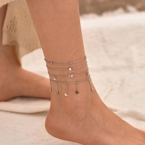 LOFITOR Ankle Bracelets for Women Glitter Waterproof Adjustable Anklet Set for Women 18K Gold Plated Silver Charm Dainty Layered Anklets, Summer Beach Anklet Jewelry for Women - style: Butterfly Gold