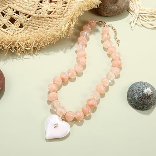 Elegance 11 designs Chunky Heart Necklace for Women, Colorful Acrylic Beaded Statement Puff Heart Necklace, Cute Boho Y2K Choker Necklace for Gift Jewelry - color: Pink Heart Pendant Necklace