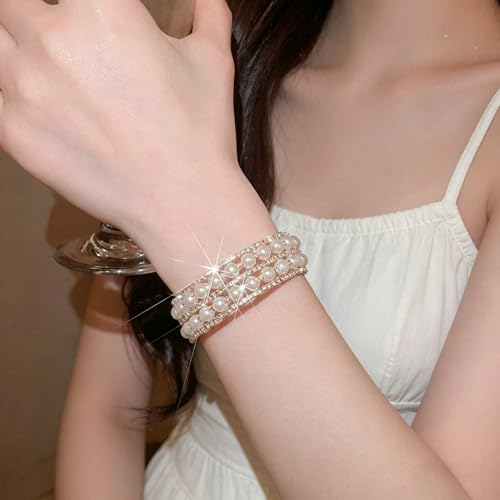 Pearl Rhinestone Stretch Cuff Bracelet for Women Adjustable | Perfect for vintage weddings parties vacations and everyday wear - color: Gold A+